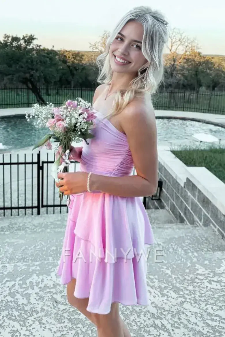 FannyWe Simple Pink A-Line Strapless Empire-Waist Layered Sleeveless Homecoming Dress formal wear dresses